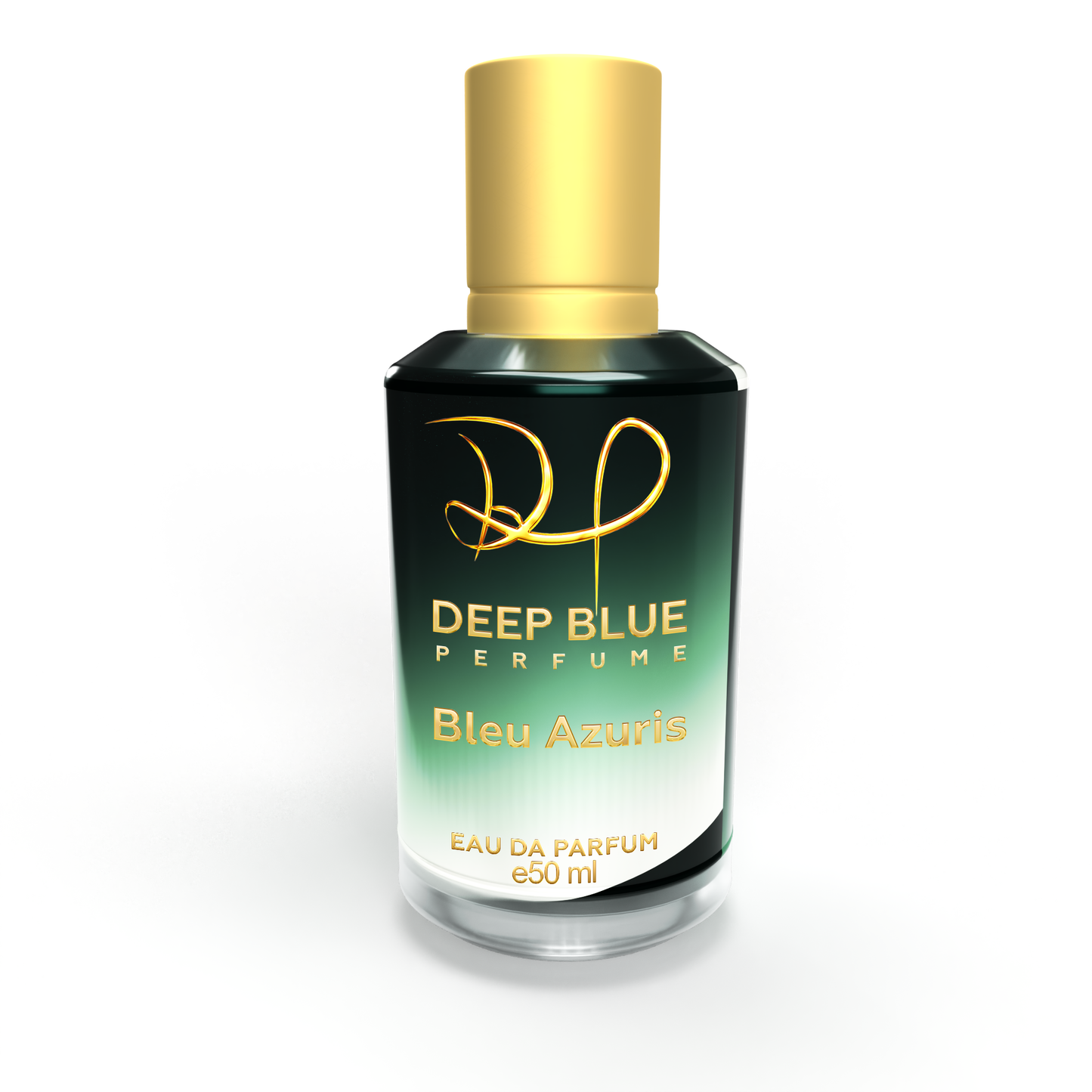 Perfume bottle labeled 'Deep Blue Perfume Aria Via' with a gold cap on a white background