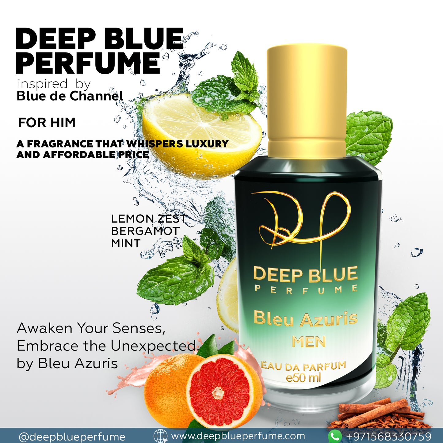 Bleu Azuris men’s EDP long lasting fresh citrus woody fragrance