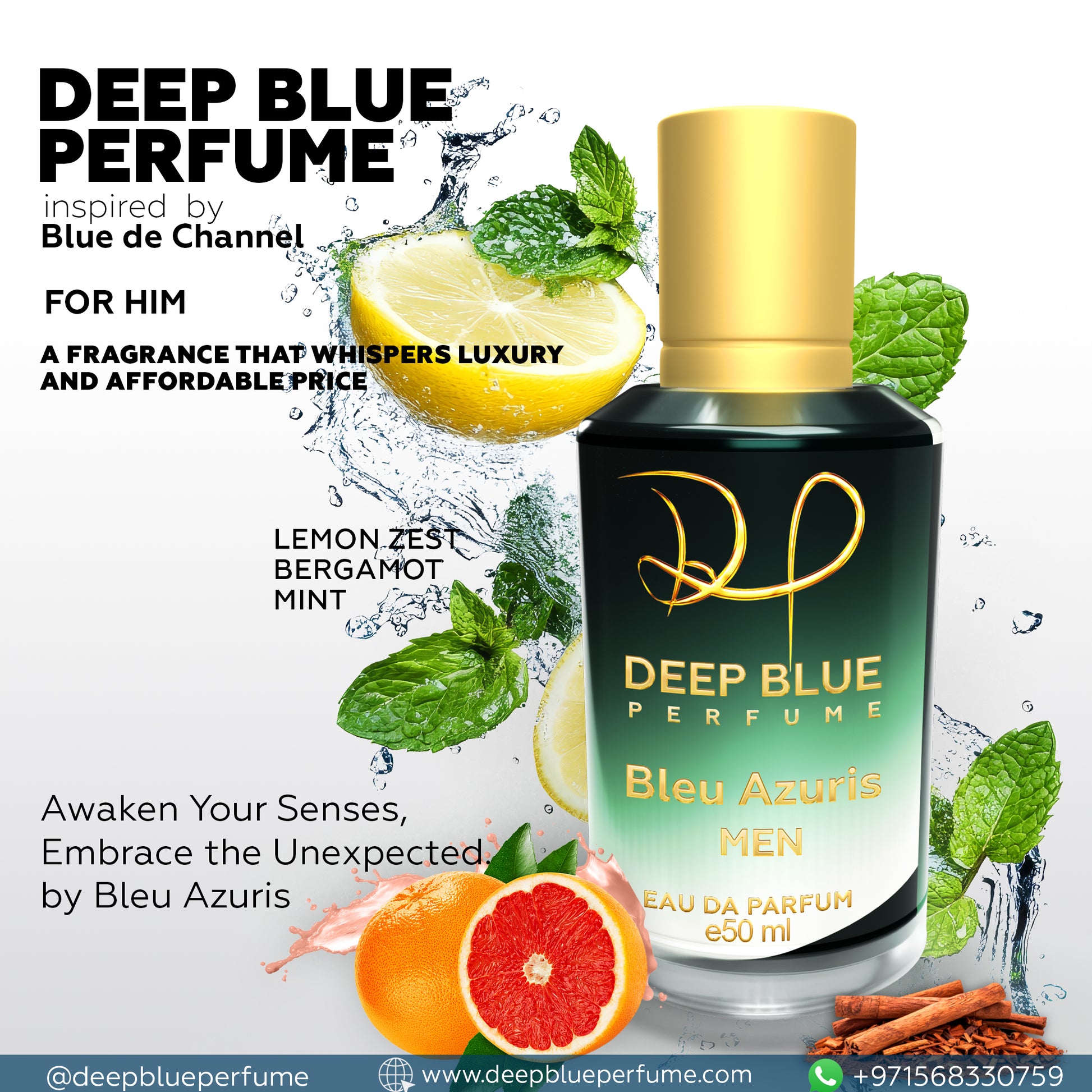 Bleu Azuris men’s EDP long lasting fresh citrus woody fragrance