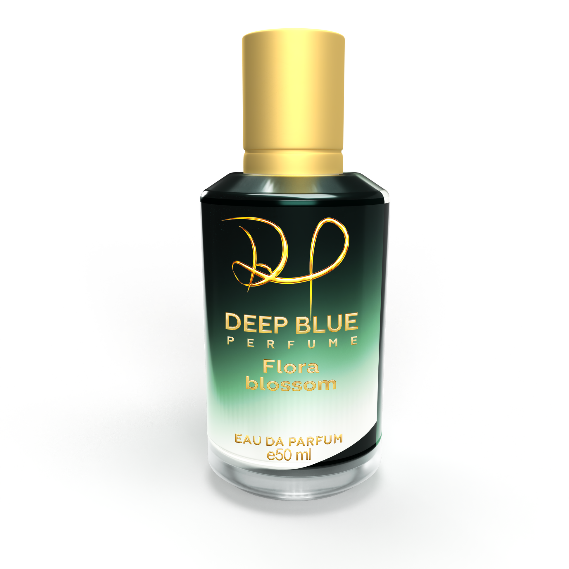 Perfume bottle labeled 'Deep Blue Perfume Florablossom with a gold cap on a white background